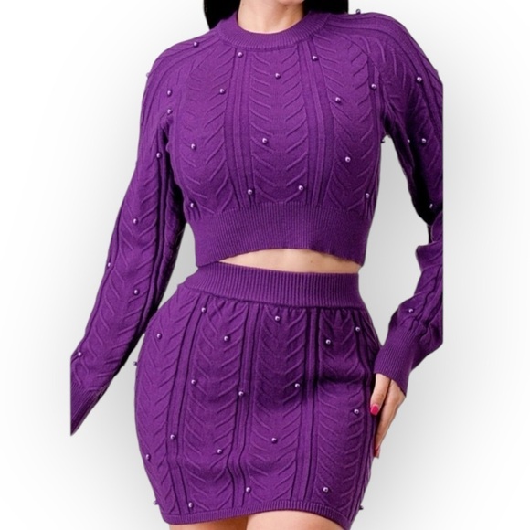 Purple Pearl Sweater Cable Knit Skirt Set - Picture 2 of 10